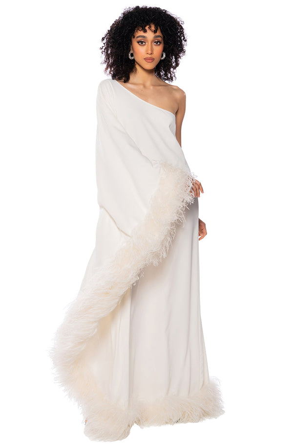 ELIZA ONE SHOULDER FEATHER MAXI