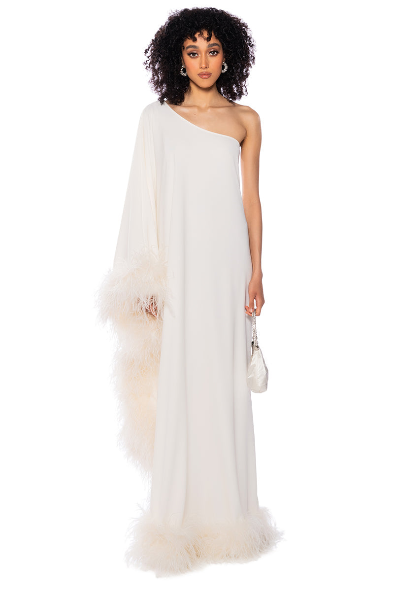 ELIZA ONE SHOULDER FEATHER MAXI