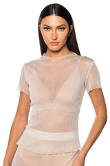 ESTELLE MOCK NECK LETTUCE HEM MESH TOP
