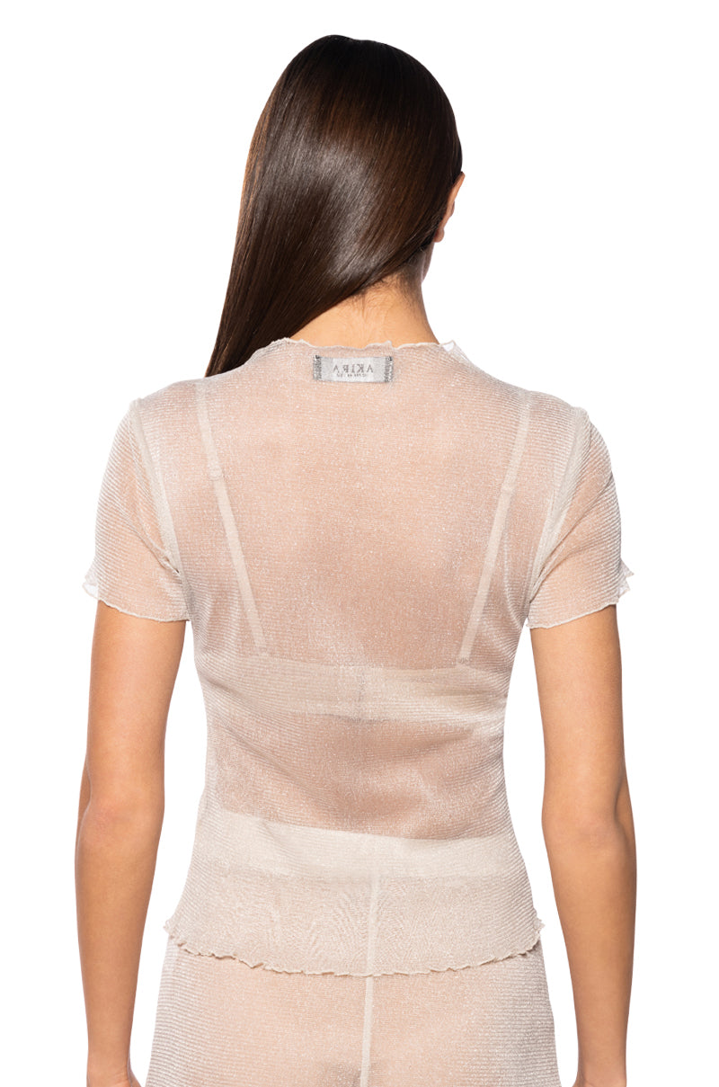 ESTELLE MOCK NECK LETTUCE HEM MESH TOP