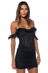 ESTELLE OFF THE SHOULDER MESH MINI DRESS