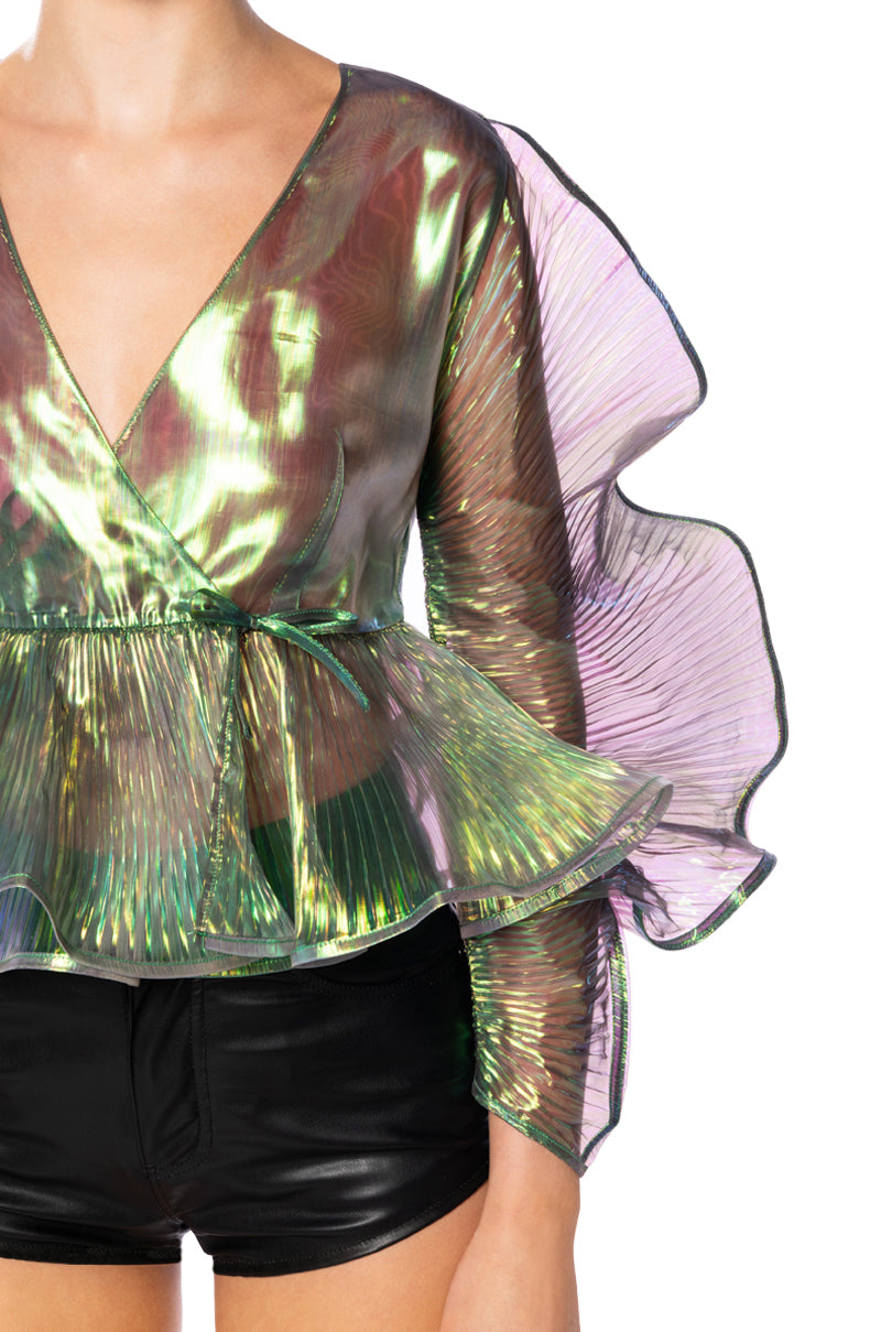 ETHEREAL PLEATED PEPLUM WRAP BLOUSE