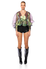 ETHEREAL PLEATED PEPLUM WRAP BLOUSE