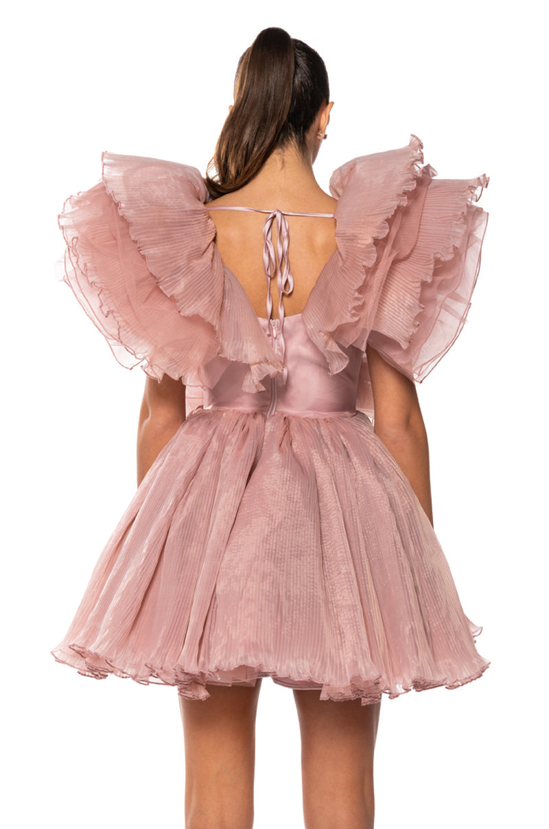 EVER AFTER RUFFLE SLEEVE PLEATED A LINE MINI DRESS