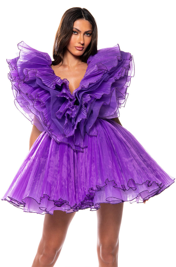 EVER AFTER RUFFLE SLEEVE PLEATED A LINE MINI DRESS