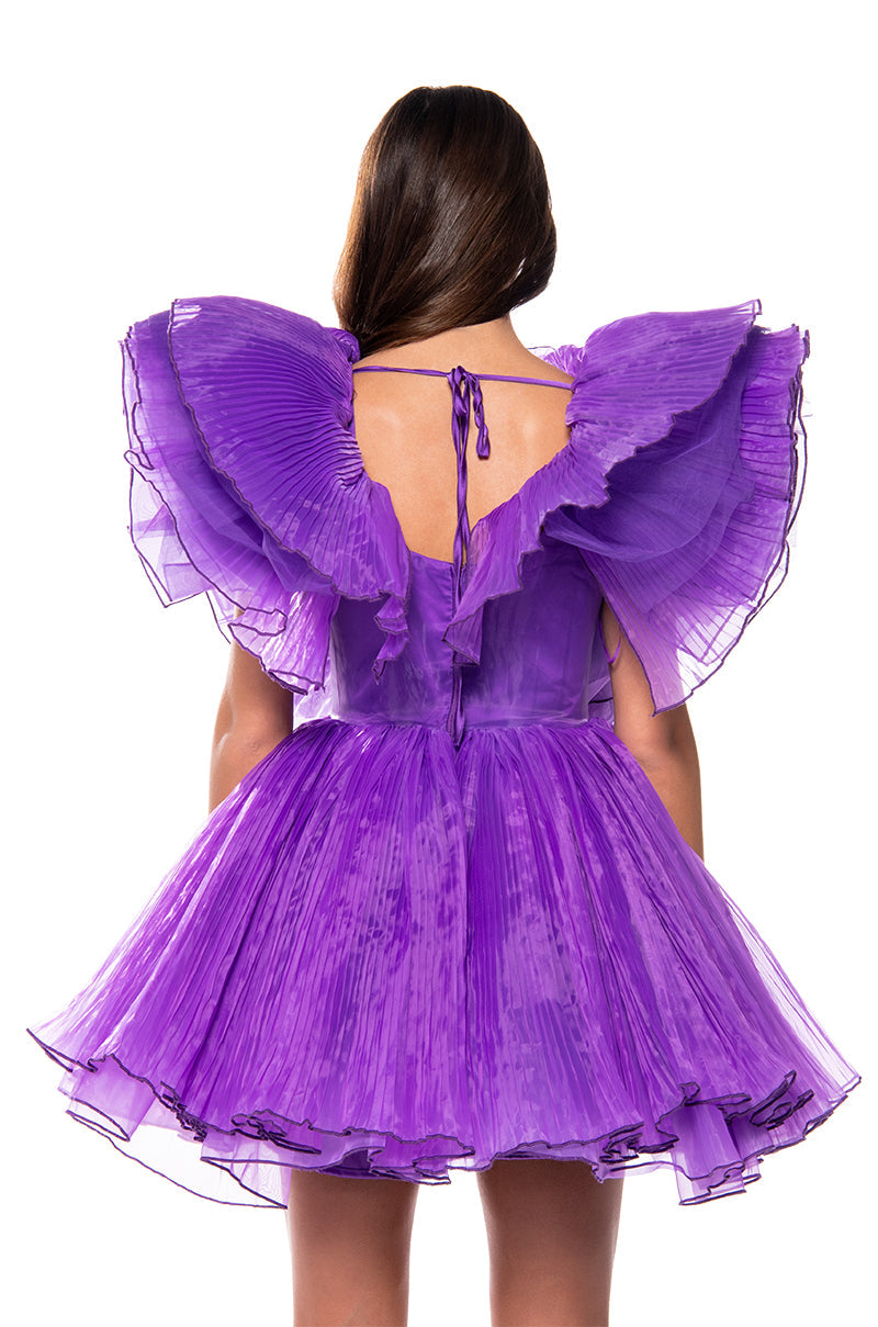 EVER AFTER RUFFLE SLEEVE PLEATED A LINE MINI DRESS