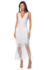 EVERYTHING ENTRANCE FRINGE V NECK MAXI DRESS IN WHITE