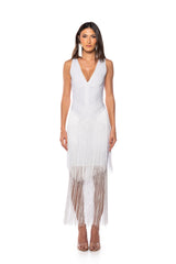 EVERYTHING ENTRANCE FRINGE V NECK MAXI DRESS IN WHITE