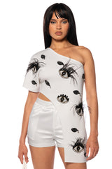 EYES ON THE PRIZE ASYMMETRICAL EMBELLISHED TOP IN WHITE