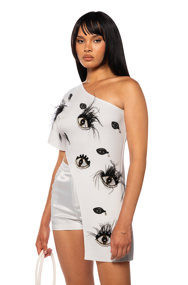 EYES ON THE PRIZE ASYMMETRICAL EMBELLISHED TOP IN WHITE