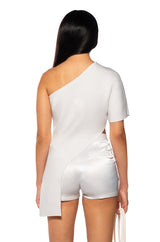 EYES ON THE PRIZE ASYMMETRICAL EMBELLISHED TOP IN WHITE