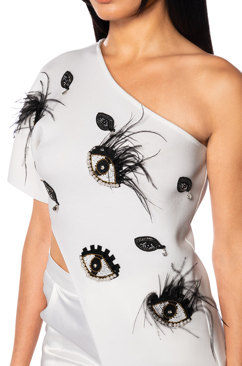 EYES ON THE PRIZE ASYMMETRICAL EMBELLISHED TOP IN WHITE