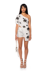 EYES ON THE PRIZE ASYMMETRICAL EMBELLISHED TOP IN WHITE