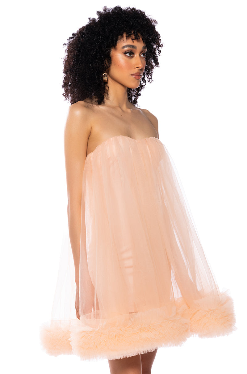 FAIRY LIKE RUFFLED TRIM STRAPLESS DRESS