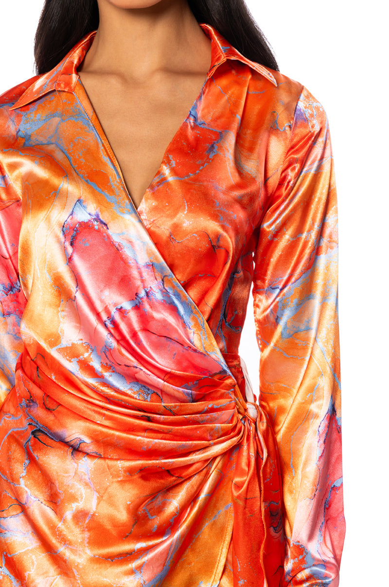 FALL FOR ME WRAP MINI DRESS IN ORANGE