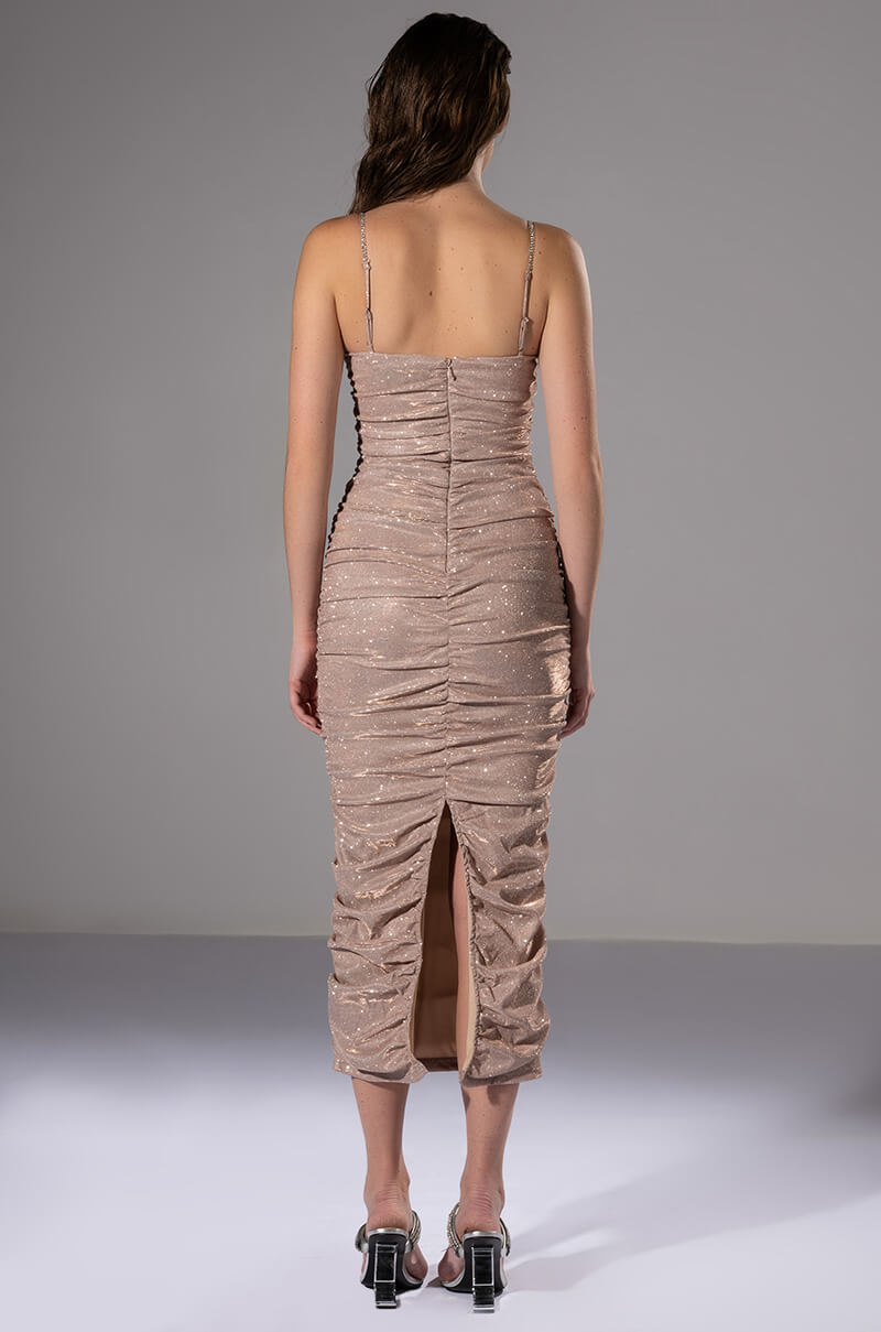FALLING STAR SHIMMER RUCHED MIDI DRESS