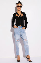 FAN BEHAVIOR CUTOUT LONG SLEEVE CORSET BLOUSE