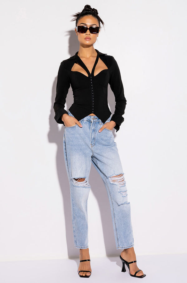 FAN BEHAVIOR CUTOUT LONG SLEEVE CORSET BLOUSE