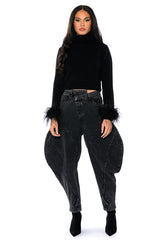 FANCY HUH FEATHER CUFF MOCK NECK SWEATER