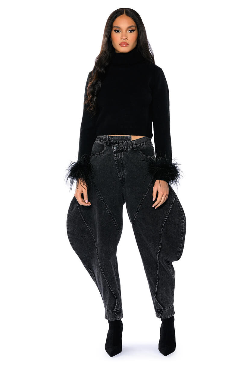 FANCY HUH FEATHER CUFF MOCK NECK SWEATER