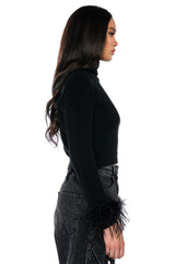 FANCY HUH FEATHER CUFF MOCK NECK SWEATER