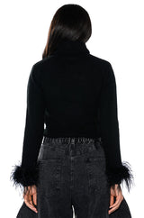 FANCY HUH FEATHER CUFF MOCK NECK SWEATER
