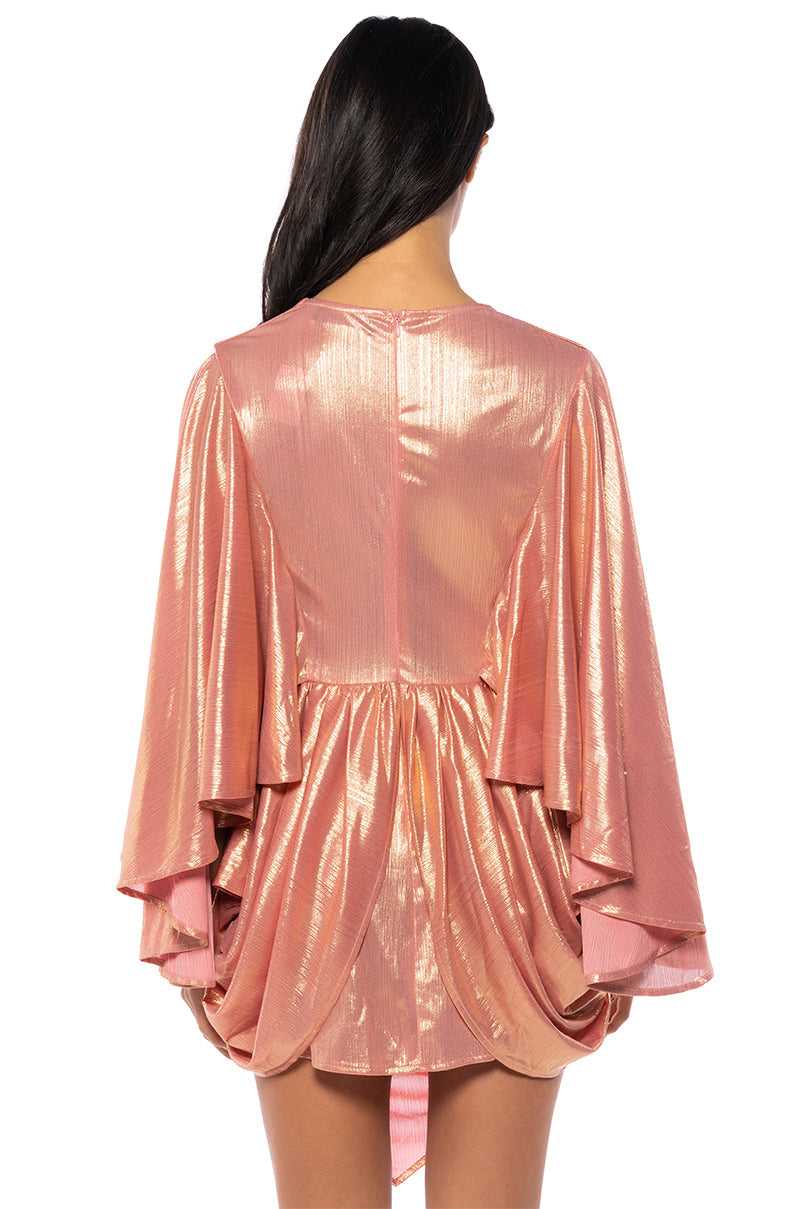 FANTASY DRAPED METALLIC MINI DRESS IN PINK