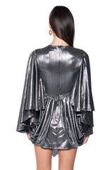 FANTASY DRAPED METALLIC MINI DRESS IN SILVER