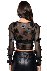 FAUX LEATHER FLOWER DETAIL LONG SLEEVE MESH TOP