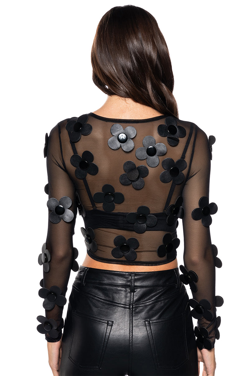 FAUX LEATHER FLOWER DETAIL LONG SLEEVE MESH TOP