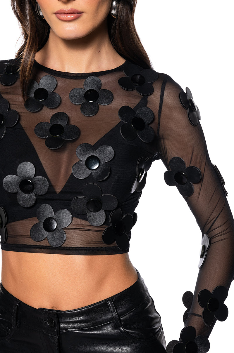 FAUX LEATHER FLOWER DETAIL LONG SLEEVE MESH TOP
