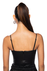 ULTRA STRETCH FAUX LEATHER SQUARE NECK BODYSUIT IN BLACK