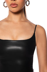 ULTRA STRETCH FAUX LEATHER SQUARE NECK BODYSUIT IN BLACK