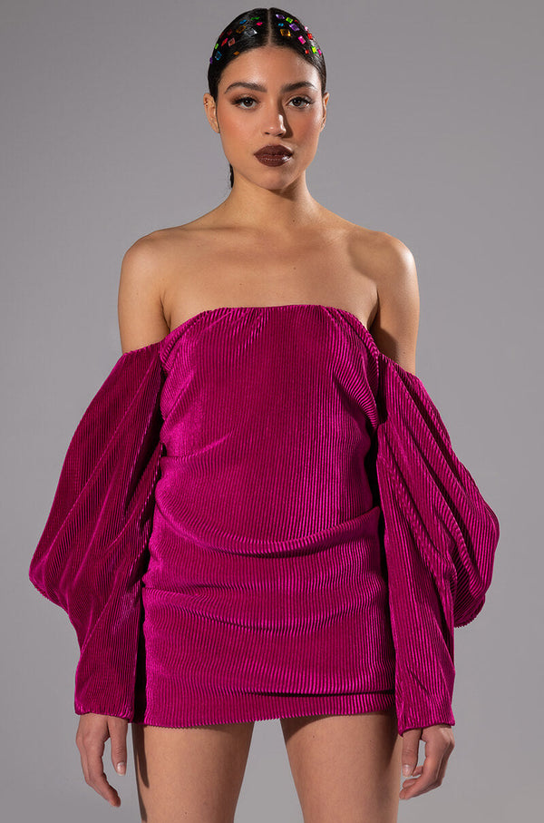 FAYE OFF THE SHOULDER PLEATED MINI DRESS