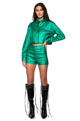 FEELING GOOD METALLIC BUTTON DOWN CROP BLOUSE