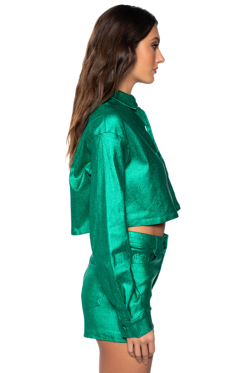 FEELING GOOD METALLIC BUTTON DOWN CROP BLOUSE