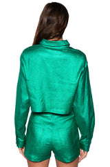 FEELING GOOD METALLIC BUTTON DOWN CROP BLOUSE