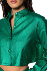 FEELING GOOD METALLIC BUTTON DOWN CROP BLOUSE