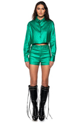 FEELING GOOD METALLIC BUTTON DOWN CROP BLOUSE