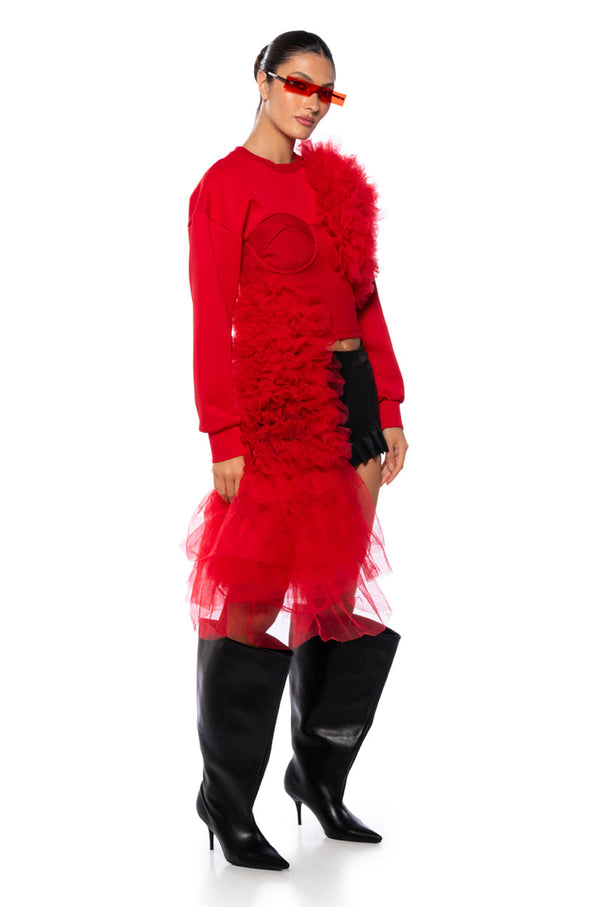 FEELING RED TULLE LONG SLEEVE SWEATSHIRT