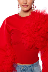 FEELING RED TULLE LONG SLEEVE SWEATSHIRT