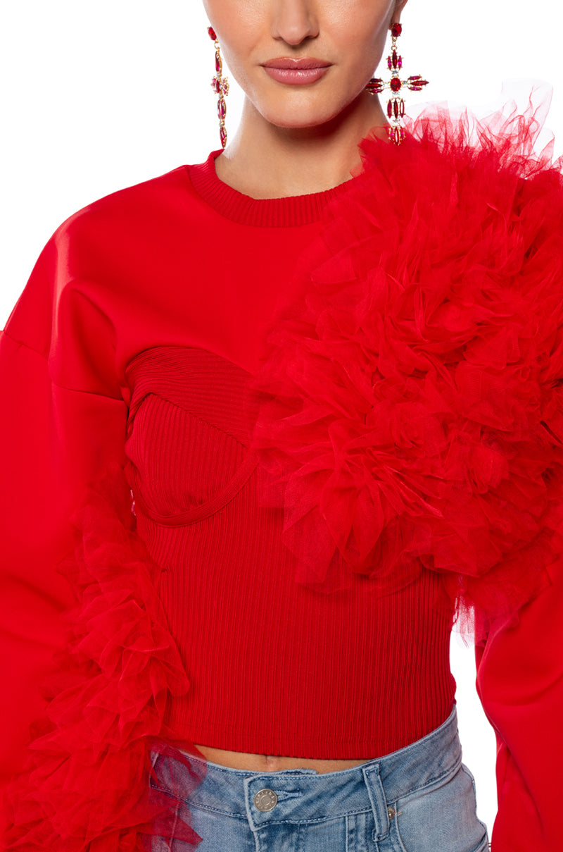 FEELING RED TULLE LONG SLEEVE SWEATSHIRT