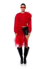 FEELING RED TULLE LONG SLEEVE SWEATSHIRT