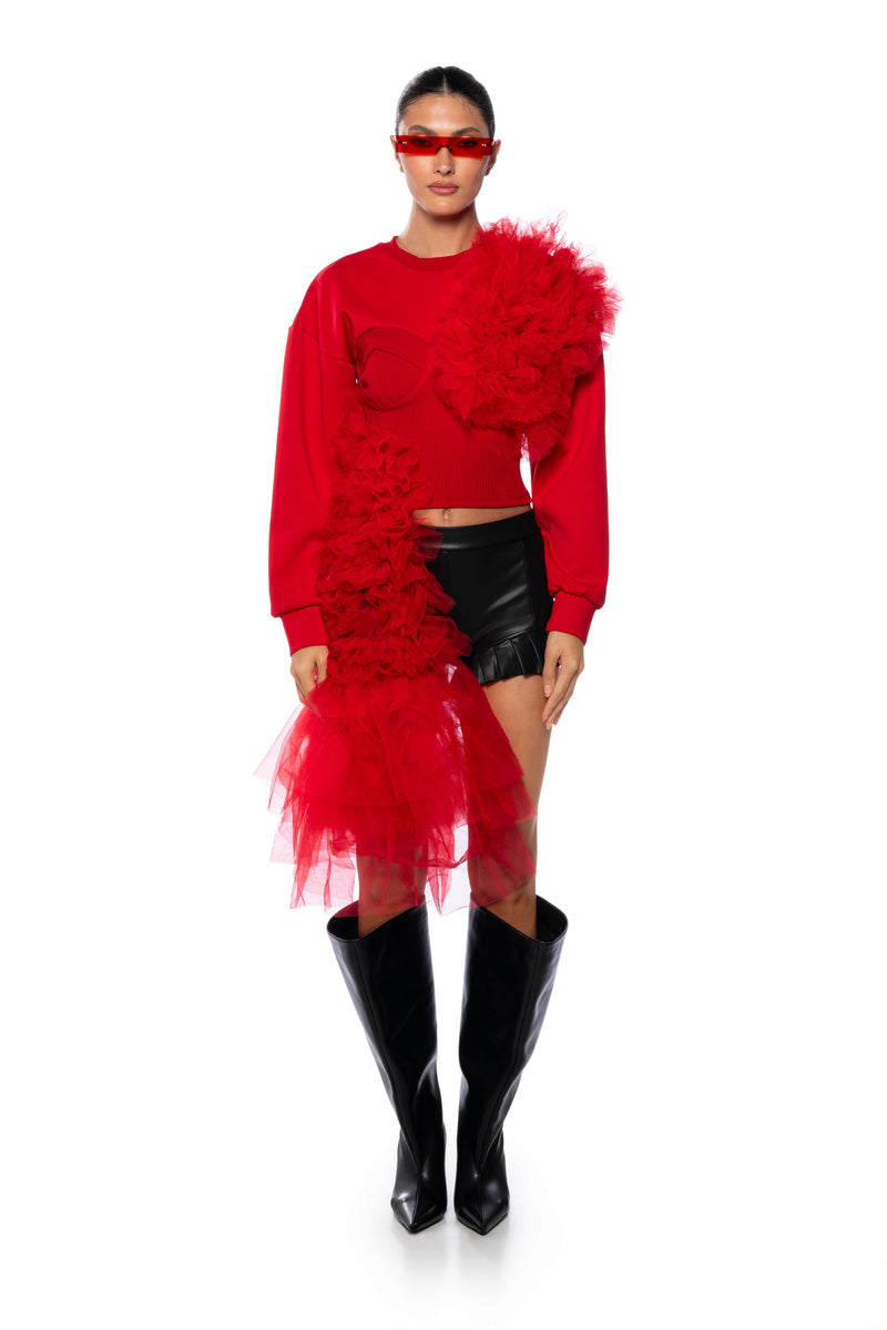 FEELING RED TULLE LONG SLEEVE SWEATSHIRT