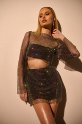 FLASHING LIGHTS RHINESTONE MESH MINI SKIRT IN BLACK