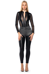 EXTREME STRETCH HIGH WAIST SKINNY JEANS WITH FAUX LEATHER