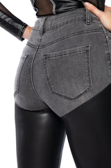 EXTREME STRETCH HIGH WAIST SKINNY JEANS WITH FAUX LEATHER
