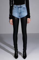 FLEX FIT EXTREME STRETCH HIGH WAIST SKINNY JEANS WITH FAUX LEATHER