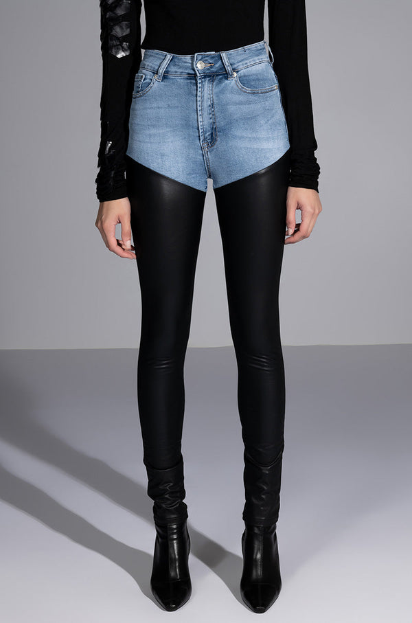 FLEX FIT EXTREME STRETCH HIGH WAIST SKINNY JEANS WITH FAUX LEATHER