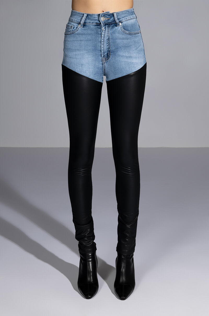FLEX FIT EXTREME STRETCH HIGH WAIST SKINNY JEANS WITH FAUX LEATHER